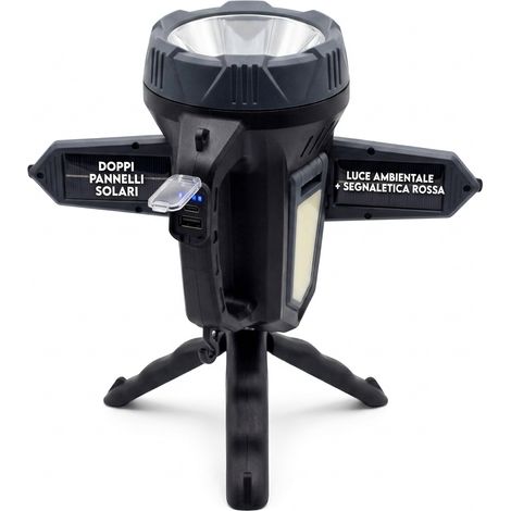 Torcia LED solare ricaricabile con treppiede e powerbank