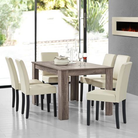 Mesa de comedor + 6 sillas Forssa MDF y polipiel 140x90x77cm - Roble antiguo + Crema [en.casa] (1/5)