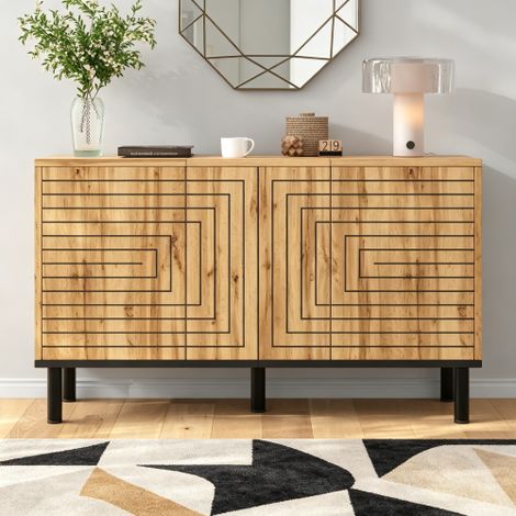 Aparador con diseño ondulado, 3 puertas con mecanismo de rebote, mueble de almacenamiento de MDF para comedor, estudio y sala de estar, capacidad de carga de 50 kg, mueble de cocina, mueble de almacen (1/5)