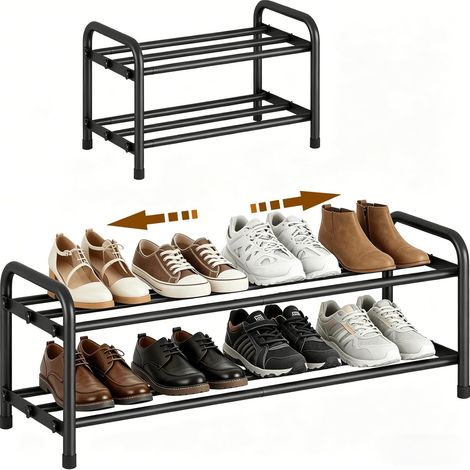 Ausziehbares Schuhregal, 2 Ebenen, kleine verstellbare Schuhablagen aus Metall, schwarz, Aufbewahrungsorganizer für Flur, Kleiderschrank, Schlafzimmer, Eingangsbereich (1/5)