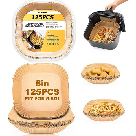 Tapis de cuisson jetables en papier pour friteuse à air - 125 tapis carrés de 20 cm en papier sulfurisé antiadhésif pour panier de friteuse à air, adaptés à la cuisson vapeur et aux préparations therm (1/5)