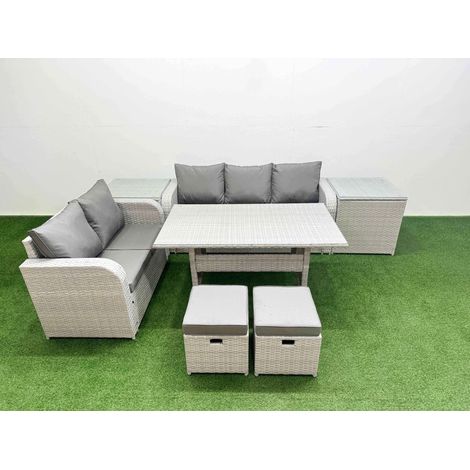 Fimous 7 Seater PE Rattan Wicker Garden Furniture Patio Conservatory Sofa Set with Rectangular Dining Table 3 Seater Sofa Love Sofa 2 Stools 2 Side Table (1/4)