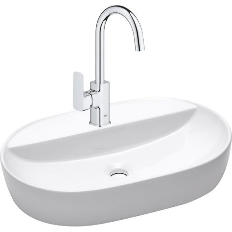 Dice miscelatore lavabo monocomando con leva tattile, misura L + lavabo da appoggio Swiss Aqua Technologies 60x40x12,5 cm