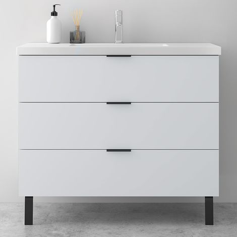 AICA Meuble de Salle de Bain 100cm avec Pieds, simple vasque, 3 tiroirs, Blanc, Style Moderne (1/5)
