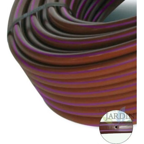 Tuberia de goteo 16mm a 33cm separación por gotero autocompensante, marrón con bandas moradas 100 metros