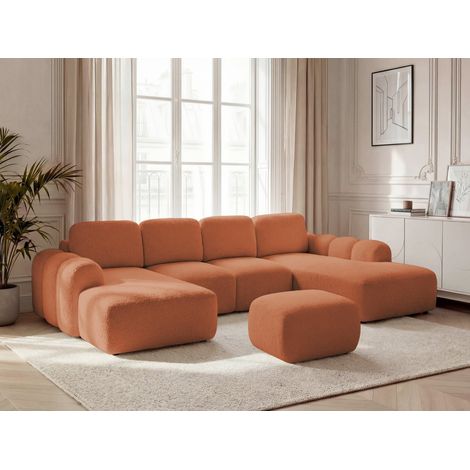 BOBOCHIC - Canapé panoramique convertible coffre MONTAIGNE tissu bouclette avec pouf Angle gauche Orange