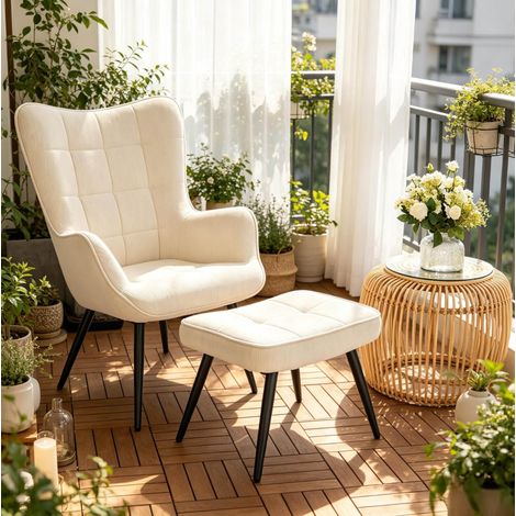 Relaxsessel 50x49x97 cm Cremeweiß mit Fußhocker, Cord-Samt und Metall MEUBLIV (1/4)