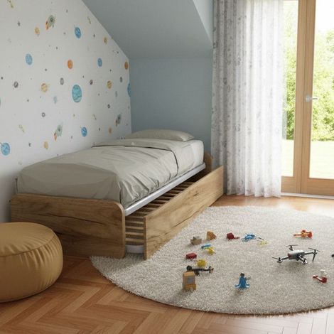 Letto singolo con letto estraibile, trasformabile in matrimoniale. Testate personalizzabili, reti in acciaio e doghe in faggio - Quercia