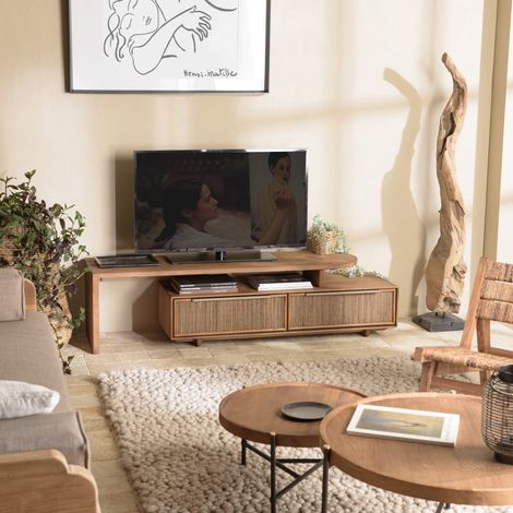 SIXTINE - Meuble TV modulable 140x40cm 2 tiroirs en bois teck recyclé (1/5)