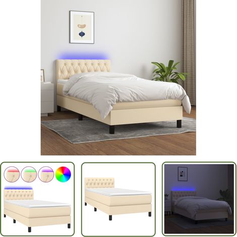 The Living Store Sommier à lattes de lit avec matelas LED Crème 100x200 cm Tissu - Sommier Tapissier - Lit Plateforme - Lit Avec Led - Matelas À Ressorts Ensachés - Têted Lit Ajustable (1/5)