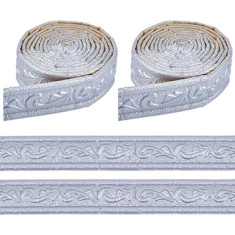 Couronne décorative - Stickers pour plinthes - Bordure décorative 3D autocollante - 2 pièces - Pour plinthes et murs - Gris argenté