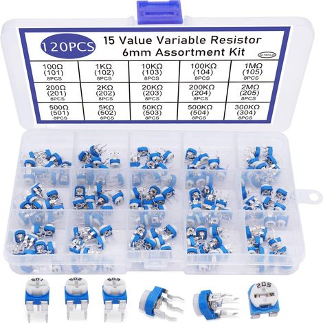 Kit d'assortiment de potentiomètres à résistance variable de 6 mm, 15 valeurs 100R-2.2M ohm dans une boîte en plastique WH06-2-120PCS (1/5)