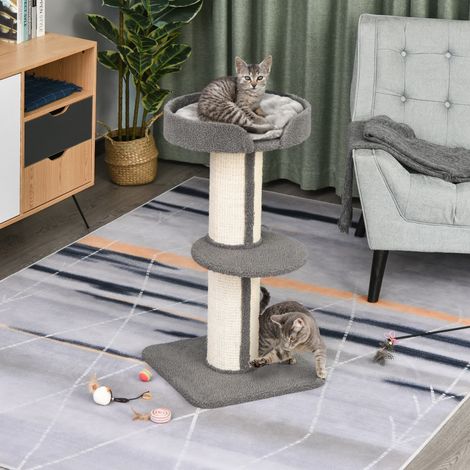 Albero tiragraffi per gatti PawHut, in spugna, centro attività con 2 piattaforme, tiragraffi, alto 91 cm, grigio.