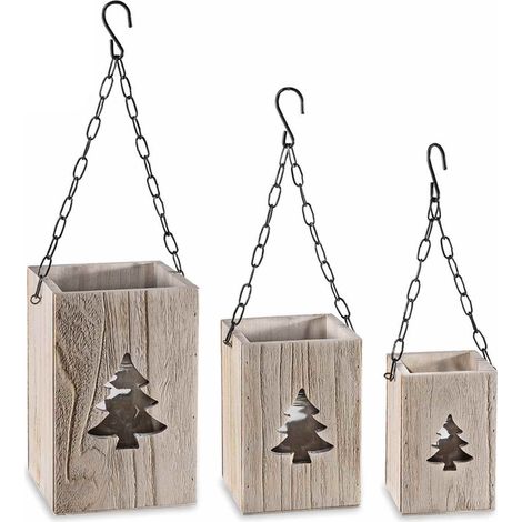 Lanterne natalizie in legno con intaglio albero e vasetto in vetro set 3 pezzi (1/3)