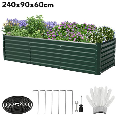 Jiubiaz Huerto urbano elevado XXL 240x90x60cm, altura 60cm ergonómica, acero galvanizado ultra robusto 0.6mm, jardinera estable todo el año, Verde