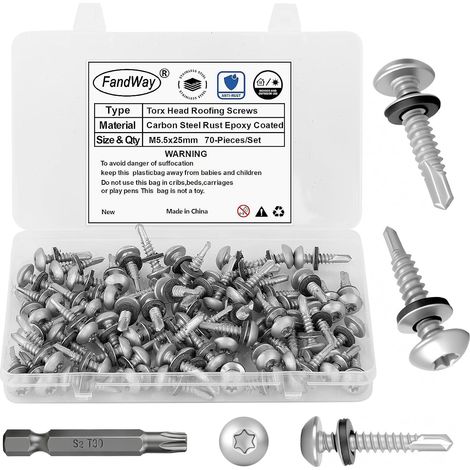 70 Pièces Torx Vis Autoforeuse Metal, M5,5x25mm Vis à Tôle Autotaraudeses de Toiture et Autoperforante Acier Carbone Torx Tête Ronde Avec Rondelles EPDM pour Alu Bois Tôle Plastique.Avec 1 TX30. (1/5)
