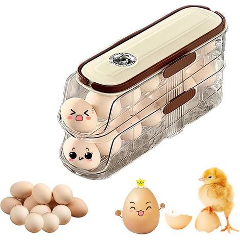 Distributeur D'œufs pour Réfrigérateur, Boite a Oeufs à 2 Niveaux, Range Oeuf Distributeur en Plastique Rangement Oeuf avec Couvercle et Poignée Porte Oeufs Frigo pour 14 Oeufs (Couleur Crème) (1/5)
