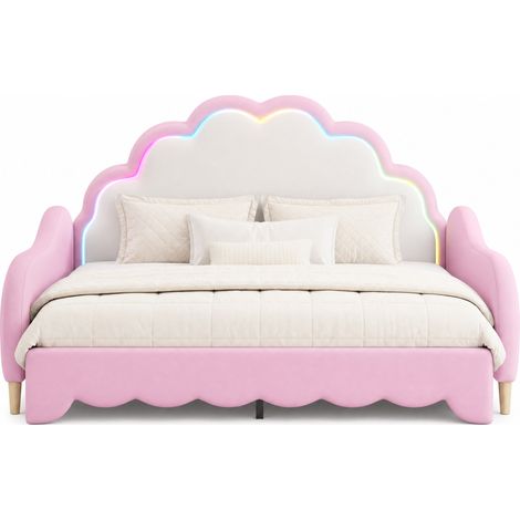 Canapé-lit 140 x 200 cm convertible avec tête de lit LED multicolore, cuir régénéré rose, sommier 17 lattes et style moderne pour chambre, CHICFURN (1/5)