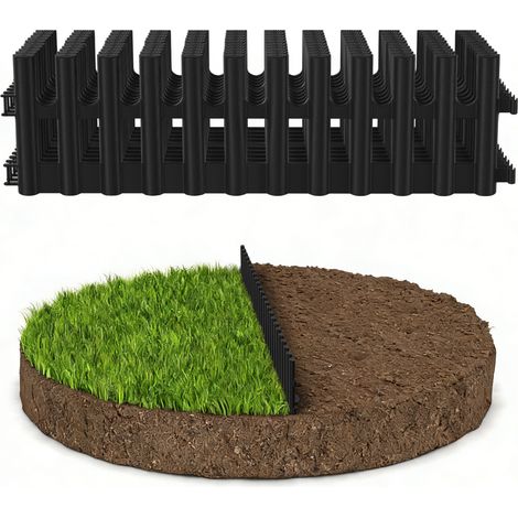 TolleTour Beeteinfassung 5,2m – 12er Set 43x13cm Beetumrandung aus flexiblem Kunststoff – Rasenkante Palisade Zierzaun – schwarz inkl. 24 Erdankern (20cm)
