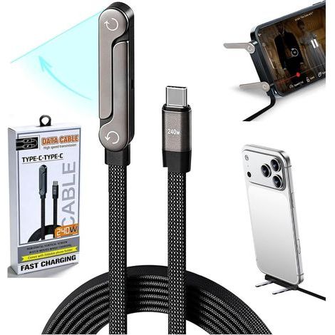 Câble de chargeur de support invisible 2 en 1 avec support réglable Nylon tressé USB C à USB C Câble de charge super rapide 240W avec support latéral pour téléphone pour jeux Bureau Voyage en voiture