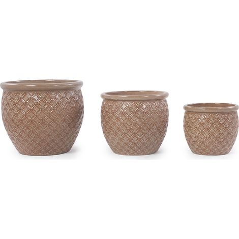 Juego de 3 macetas de cerámica beige brillante con relieve, Ø 38,5/30,5/23 cm (1/5)