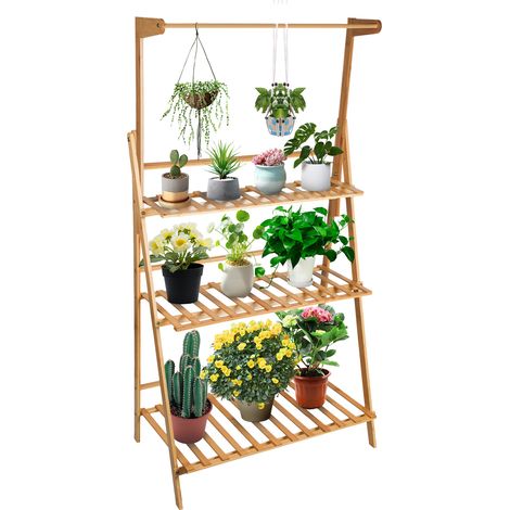 Étagère Fleurs Pliables en Bambou à 3 Niveaux 70 x 40 x 141cm couleur naturelle (1/5)