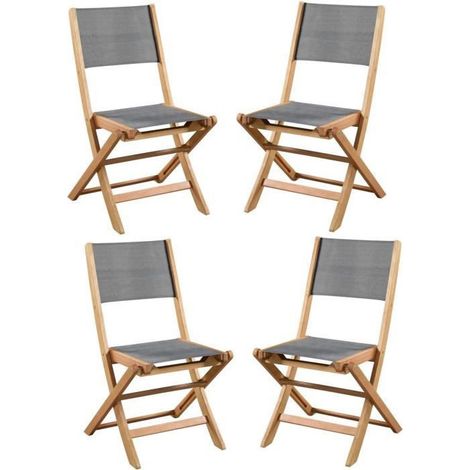 Lot de 4 chaises de jardin pliantes en bois d'acacia FSC – Assise textilene gris – Dimensions 58 x 58 x H90 cm – Confort et durabilité