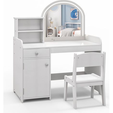 Kids Vanity Table Chair Set Lighted Mirror Storage Drawer Cabinet