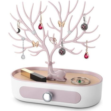 Arbre Porte Bijoux avec Tiroirs, Support Présentoir à Bijoux pour Boucles D'oreilles, Colliers, Bracelets et Bagues, Plastiques (1/4)