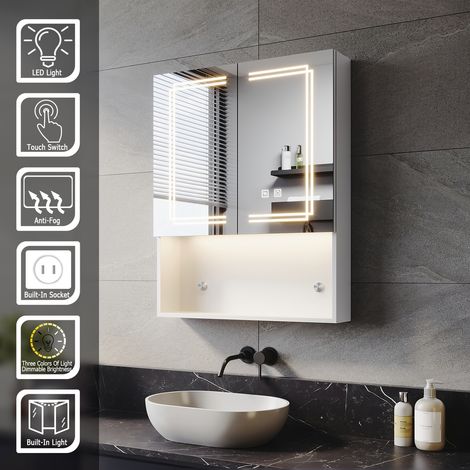 SIRHONA Armoire de toilette 600x750mm avec éclairage LED, prise rasoir dimmable, rangement ouvert Miroir lumineux de salle de bain (1/5)