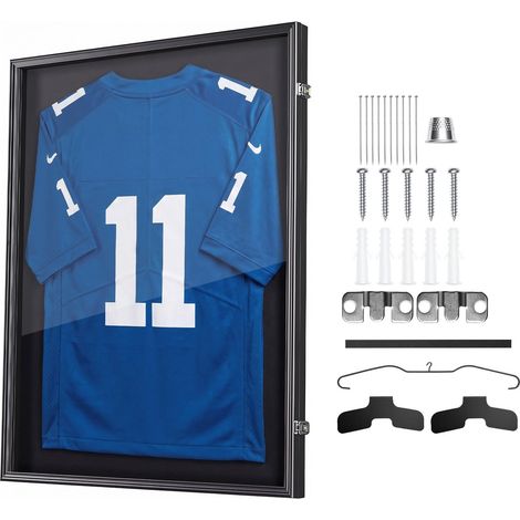 Cadre Maillot Foot 71,8x92,5 cm Lot de 2 Cadre Vitrine Maillot Noir, pour Football Rugby Basket Hockey Baseball, en Bois, Fermeture Magnétique, Panneau Polycarbonate Protection UV 98 %, Cintre (1/5)