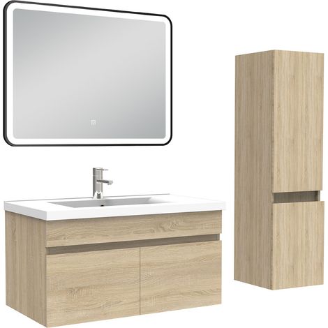 Ocean Meuble simple vasque 80cm avec colonne + miroir lumineux chêne wotan (1/5)