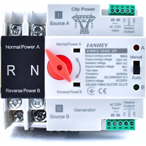 KZQ – Commutateur de transfert automatique double alimentation 2P 220 V – Courant 100 A – Puissance de coupure 6 kA – Installation sur rail (1/4)