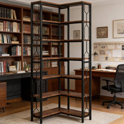 MEUBLIV Industrie-Eckbücherregal schwarz mit Holzdekor, hohes Regal mit 7 Ebenen (1/5)