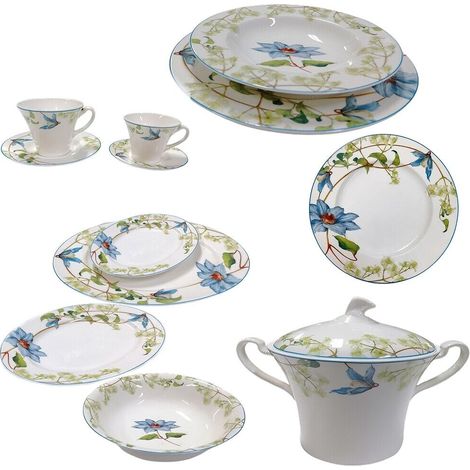 Servizio di piatti in porcellana bianca e fiore blu tazze da tè tazzine caffè caffettiera teiera lattiera zuccheriera zuppiera - Set tavola porcellana: Set 6 tazzine caffè con piattini (1/5)
