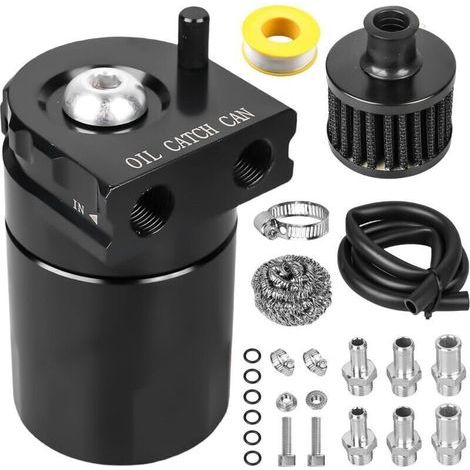 Oil Catch Can Universal 300 ml (noir) – Réservoir séparateur d'huile avec filtre à air et accessoires, réservoir de récupération d'huile en aluminium pour voiture/moto (1/4)