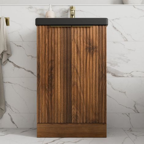 Fluted 500mm Bathroom Vanity Unit Basin Floorstanding Cupboard Soft Close Walnut (1/5)