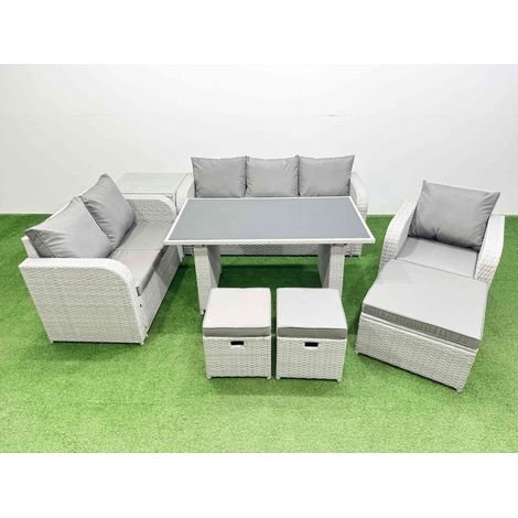 Fimous Rattan Outdoor Table Reclining Chair Sofa Set with Side Table 3 Stools Light Grey 9 Seater (1/4)