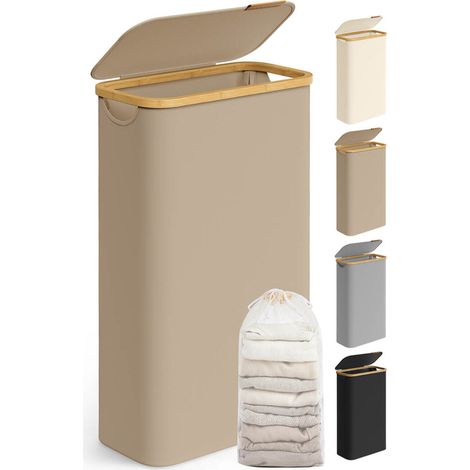 Panier à linge mince avec couvercle 65 litres gain de place doublure en maille amovible tissu oxford poignées en bambou pliable marron (1/3)