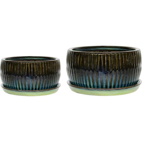 Round Reactive Glaze Bonsai Planter Set of 2 - Cement - L24.5 x W24.5 x H12 cm - Emerald