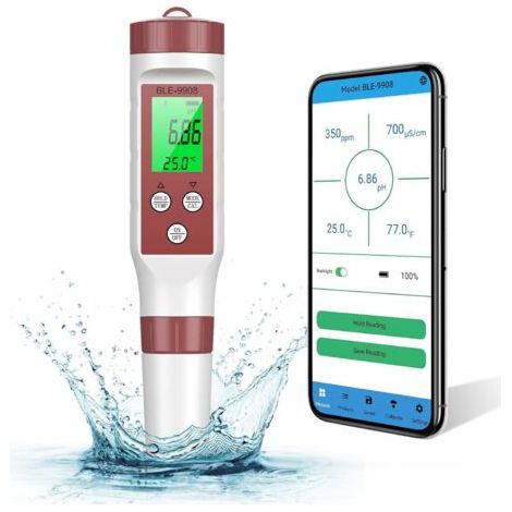 QORVA-pH-mètre électronique 4 en 1 avec Bluetooth, mesure de la qualité de l'eau (ATC), TDS/EC/température/pH (précision de 0,01), étalonnage automatique  pH-mètre rétroéclairé pour eau potable, aquar