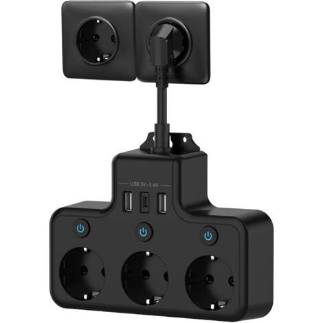 Prise Multiple avec Interrupteur Individuel, Multiprise avec USB C 3 Prises et 3 USB Chargeurs, Multiprise électrique Murale Adaptateur Prise USB Multiple Câble Court 0,1M pour Cuisine,Bureau,Noir
