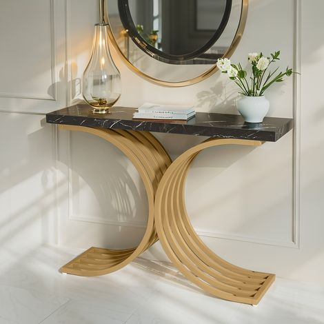 Konsolentisch, 100 x 30 x 80 cm, Präsentationstisch, schwarzer Konsolentisch, für Flur, Eingangsbereich und Wohnzimmer (schwarz und gold)