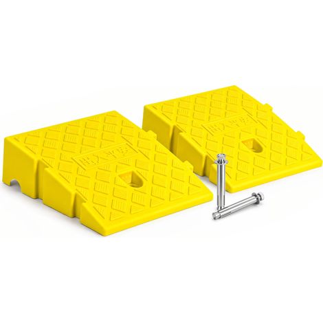 VOUNOT® Juego de 2 Rampas para Bordillos Portátil Rampa de Acceso para Coche Antideslizante Rampa Umbral para Aceras con Pernos Fijación 25x27x7cm Amarillo (1/5)