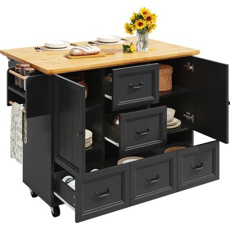 CHICFURN Isola da cucina 120 x 73 x 93 cm in MDF nero, con ruote e pieghevole, con vani (1/5)