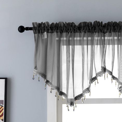 BEBUSINGOTO Rideaux à cantonnière triangulaire transparents en perles pour le salon, cantonnière à pampilles en voile pour chambre à coucher, salle de bain, café 51 x 24 pouces (noir) 1 pièce (1/5)