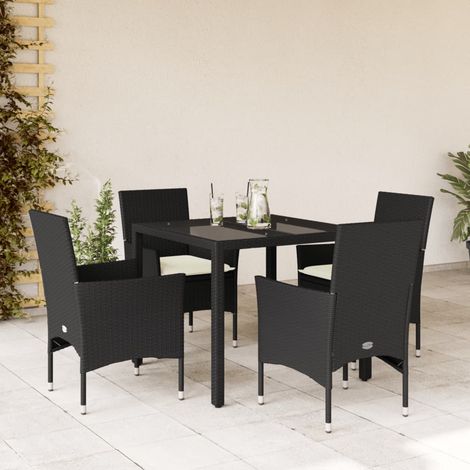 5-tlg. Garten-Essgruppe mit Kissen Schwarz Poly Rattan und Glas (1/5)