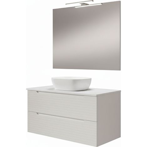 Kibath Mueble de baño con Lavabo, Espejo y Aplique LED BOREAL 100x45 cm acabado Blanco mate 2 cajones suspendido