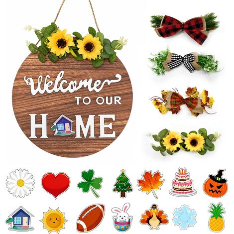 Willkommensschild mit austauschbarem Türkranz, 4 saisonalen Kränzen und 14 Designs, rustikaler runder Holzkranz zum Aufhängen, Wanddekoration für Zuhause (1/5)