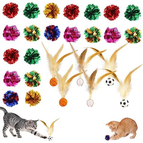 Boules pour Chat Jouets Boule pour Chats Boule de Papier Colorés Balles pour Chat avec Plumes pour Mâcher Mordre Chasser (1/5)